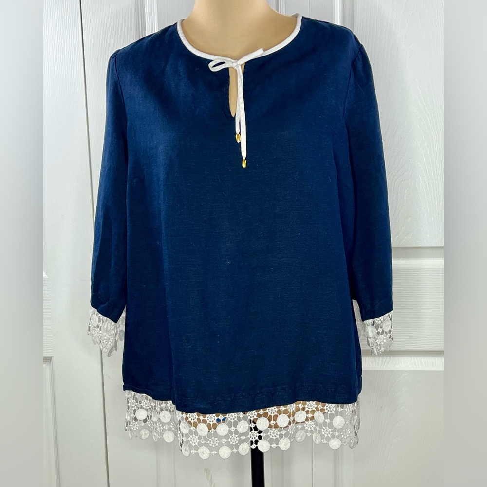 Jones New York Signature Navy and White Linen Tunic Blouse, L $35